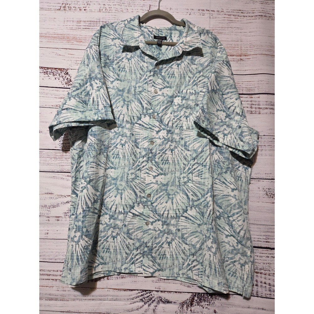 Van Heusen Mens 3XL Short Sleeve Button Up Shirt Teal White Abstract Palm Print